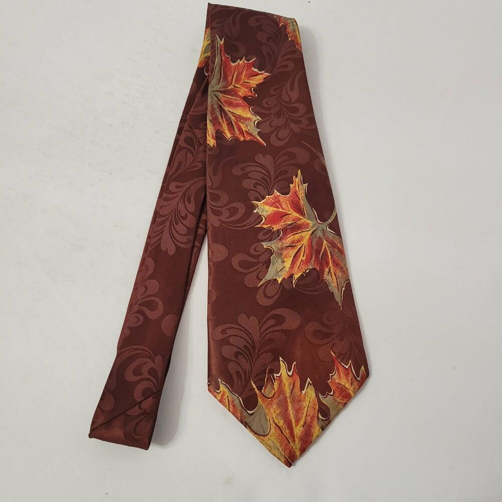 VTG Helmsley King Mens Autumn Leaves Tie Brown Red Fall Foliage Necktie